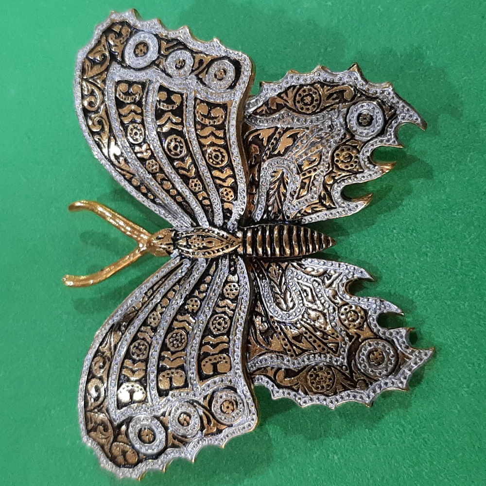 Vintage Damascene Butterfly Brooch, Gold & Silver & Black, Spain